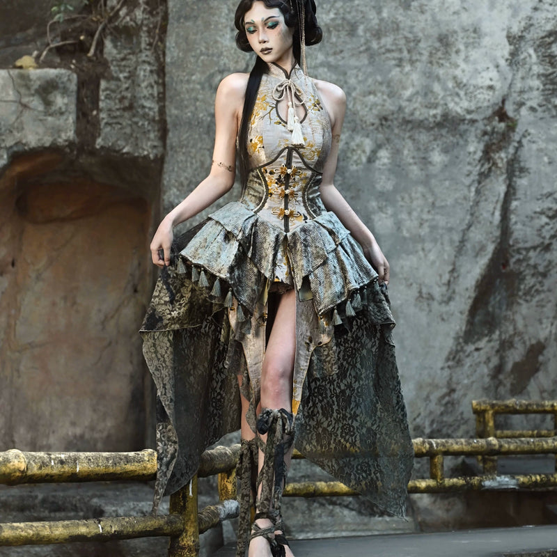 New Chinese style disc buckle jacquard lace trailing skirt Christmas