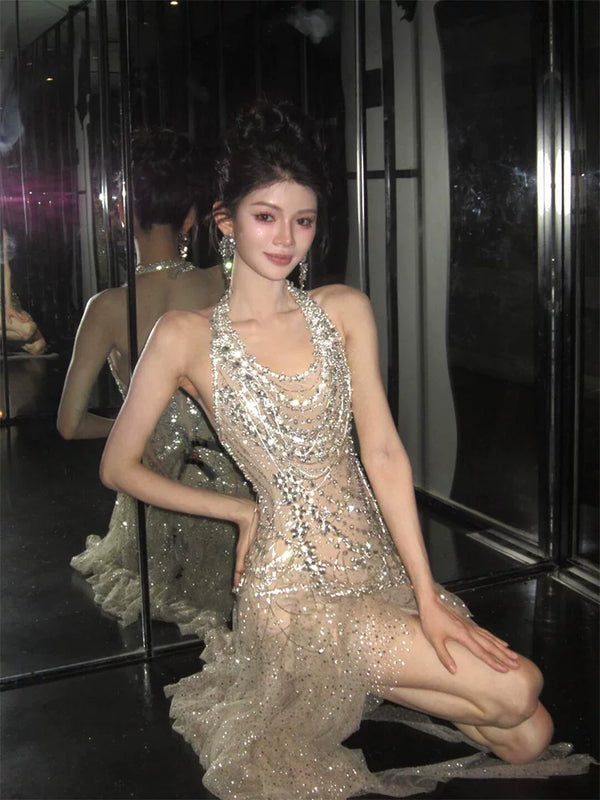 Heavy industry party dress high-end light luxury niche celebrity temperament beautiful flash neck birthday skirt robe