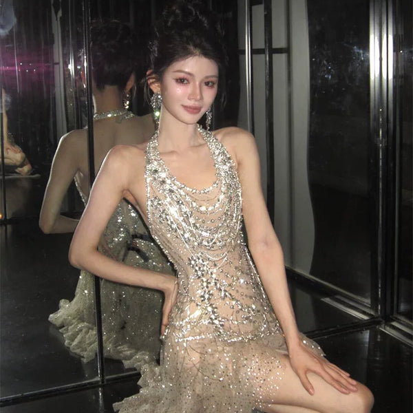 Heavy industry party dress high-end light luxury niche celebrity temperament beautiful flash neck birthday skirt robe