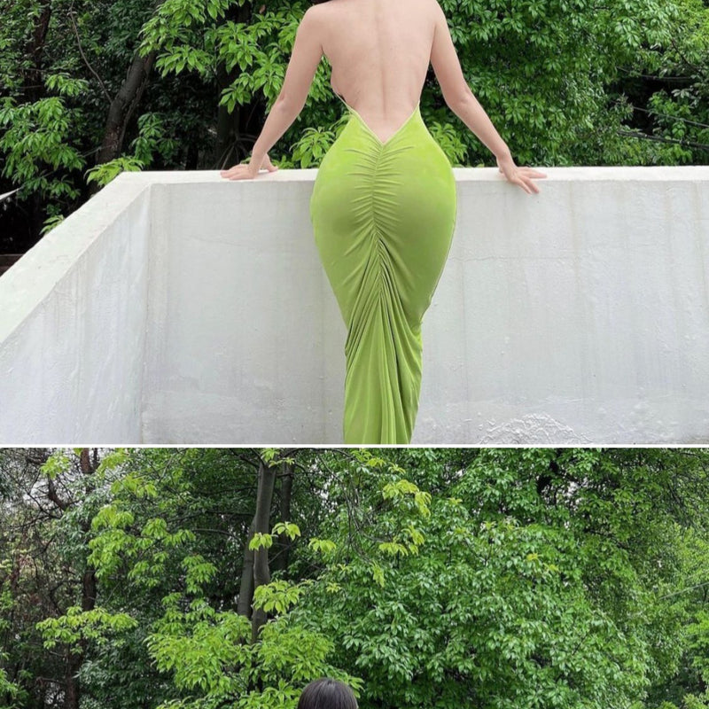 Hot girl sexy backless vacation long dress, fashionable and versatile, casual hanging neck, slimming beach, pure desire, tempting dress