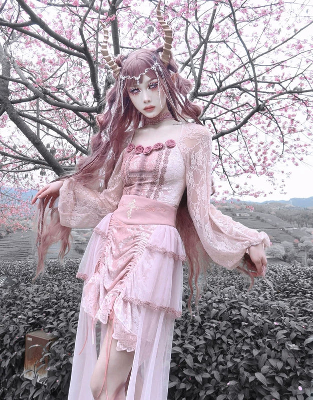 Original ◆ Sakura nightmare romantic gothic design embossed lotus root pink embroidered court half length skirt