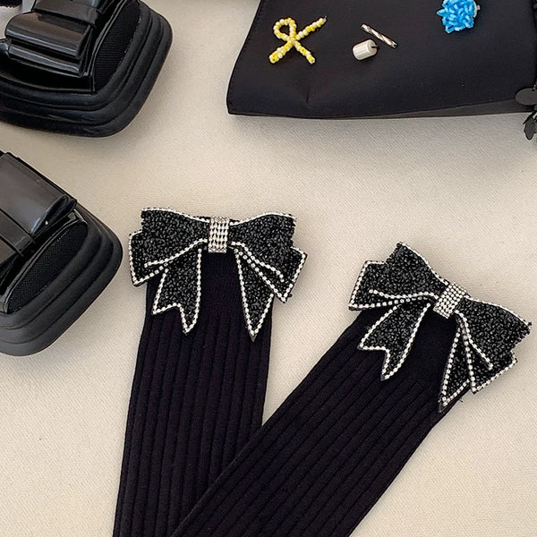 Fashion original niche design handmade bow rhinestone versatile black double needle medium high tube sweet beautiful women socks