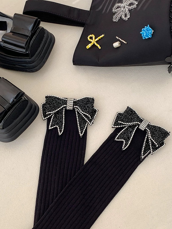 Fashion original niche design handmade bow rhinestone versatile black double needle medium high tube sweet beautiful women socks