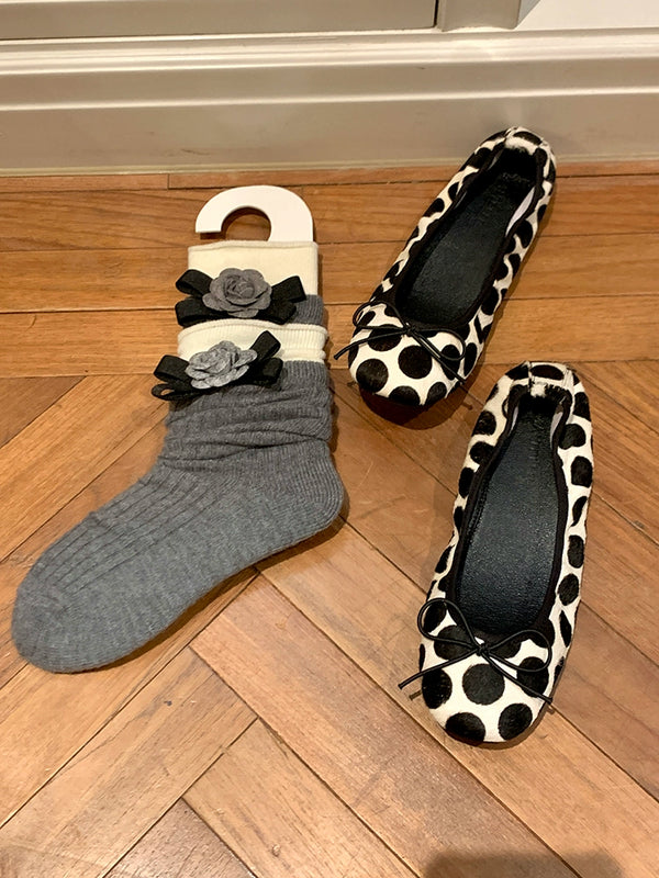 Fashion niche, design European small fragrant style bow non-removable camellia calf socks medium tube socks