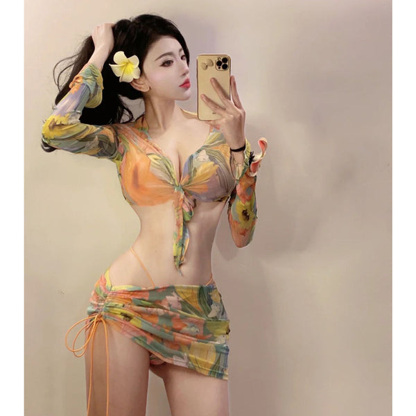 Girl age reduction sweet sexy print mesh triangle bikini suit gathering skirt cut men's swimsuit suit