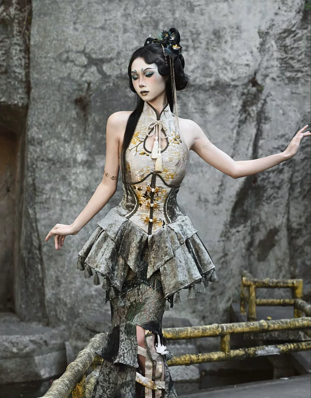 New chinoiserie button birdcage water drop collar cheongsam short tops christmas