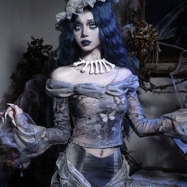 Gothic butterfly european style distressed off-the-shoulder top - perfect for christmas and halloween!