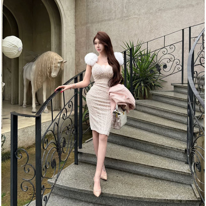 Qianjin Feng furry heavy industry conglomerate pearl dress little princess furry shoulder fashionable small dress enchanting