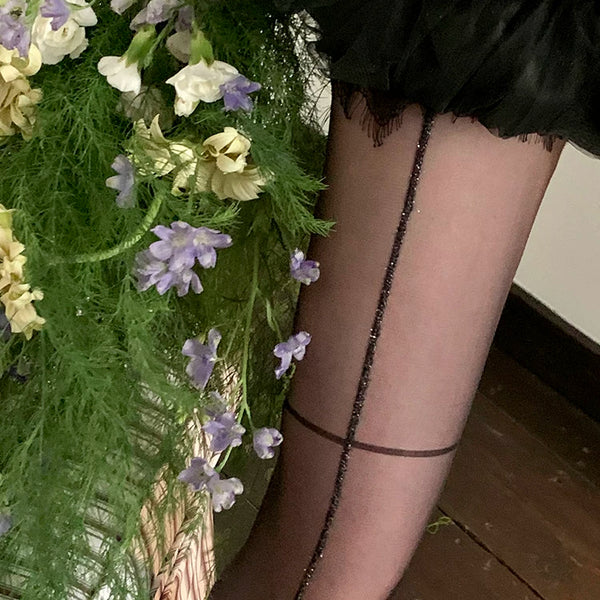 Fashion niche royal sister long legs vertical line stockings shrimp line black silk cross sexy pantyhose women's thin