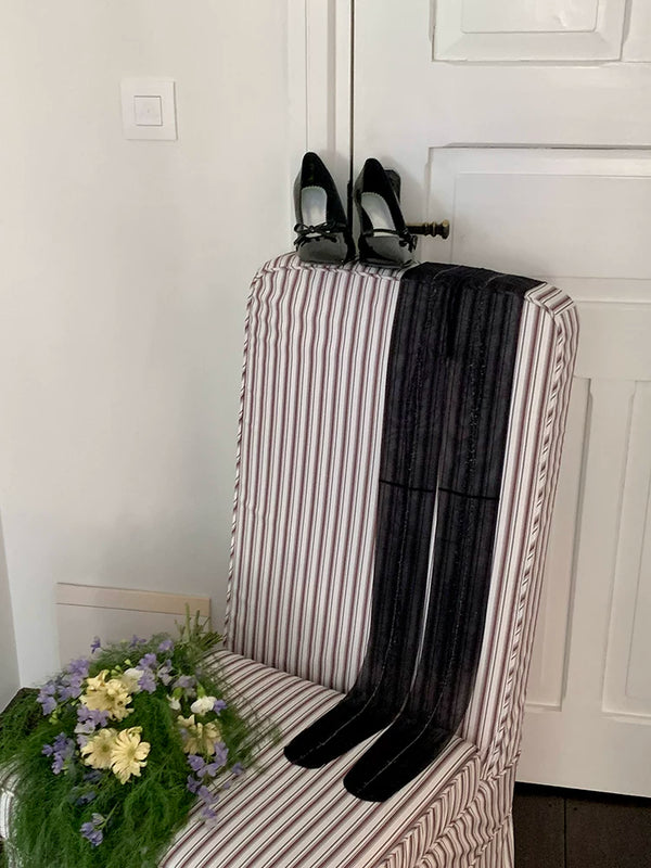 Fashion niche royal sister long legs vertical line stockings shrimp line black silk cross sexy pantyhose women's thin