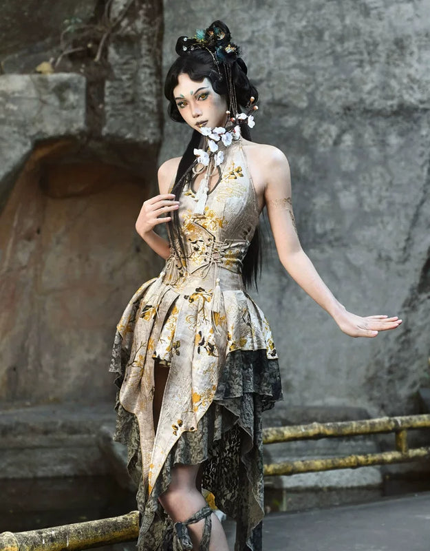 New chinoiserie button birdcage water drop collar cheongsam short tops christmas