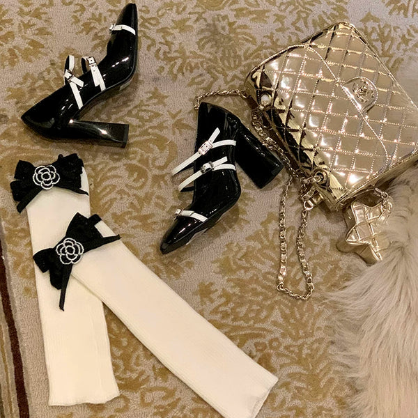 Fashion autumn and winter camellia small fragrance striped versatile European goods and knee socks cover female Internet celebrity blogger the same style