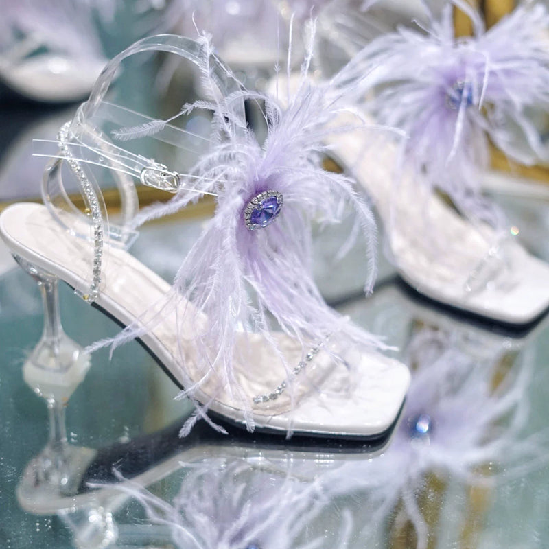 Ostrich feathers transparent one-word buckle high heels straps rhinestone sandals