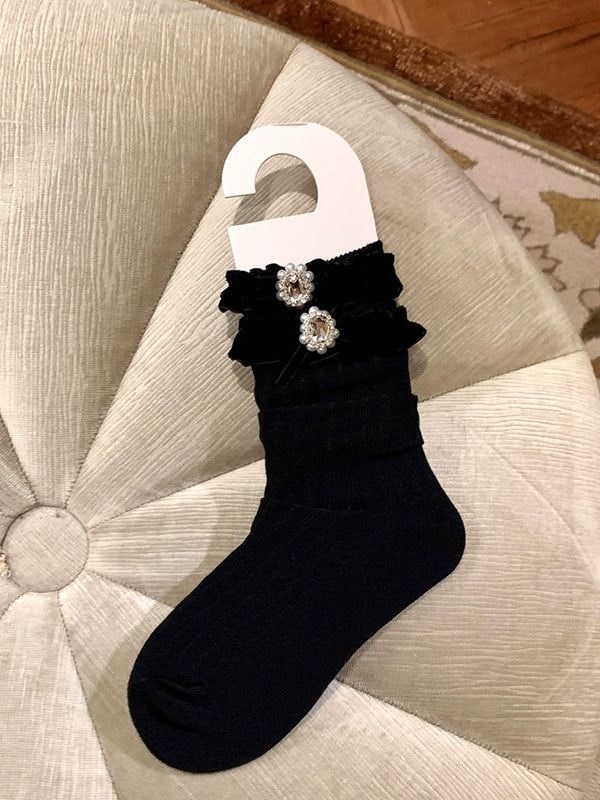 Fashion niche socks women's medium tube gray stacking socks women's autumn and winter pearl lace socks with Birkenstocks