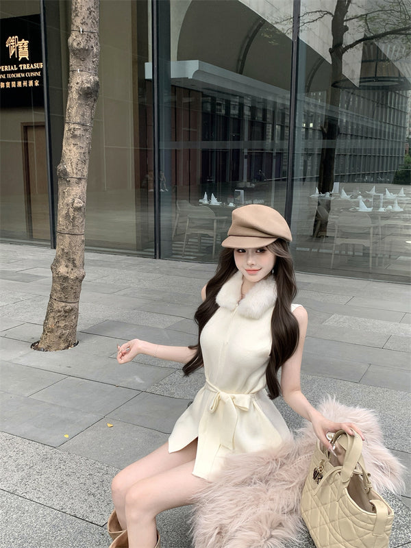 Milk white fur collar sleeveless knitted vest women's spring design waist strap temperament cardigan top