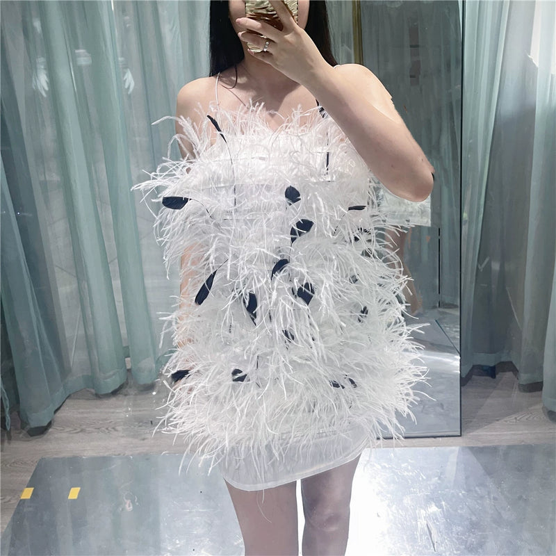 Rich daughter celebrity high luxury, real ostrich hair white swan feathers heavy industry neck slim dress