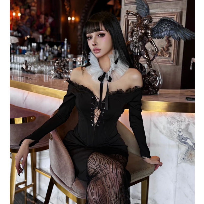 Off shoulder sexy one neck strapless cross tie dress, spring and autumn new lace patchwork long dress, birthday dress