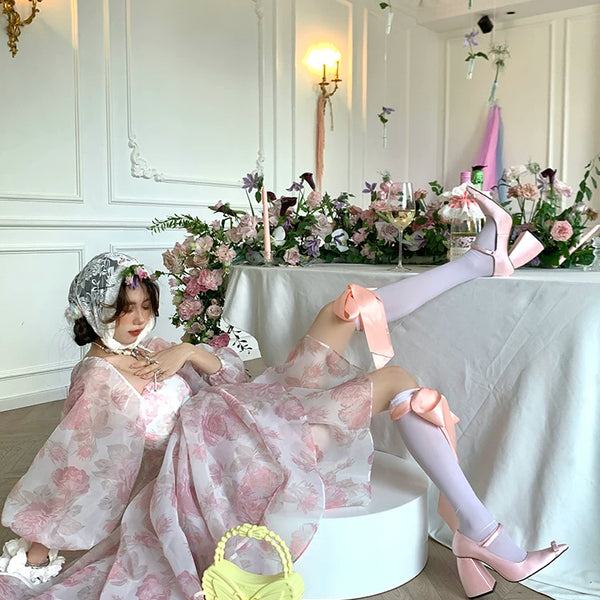 Fashion niche bow ribbon knee socks knee white girl lolita college wind stockings princess