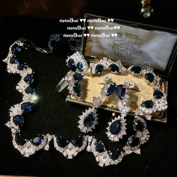 Sri Lanka Blue Crown Waterdrop Necklace Deep Sea Blue Teardrop Ring
