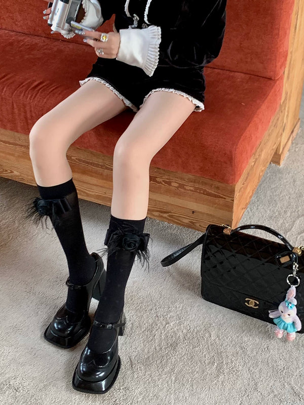 Fashion niche camellia ballet style bow sweet calf socks summer thin medium stockings