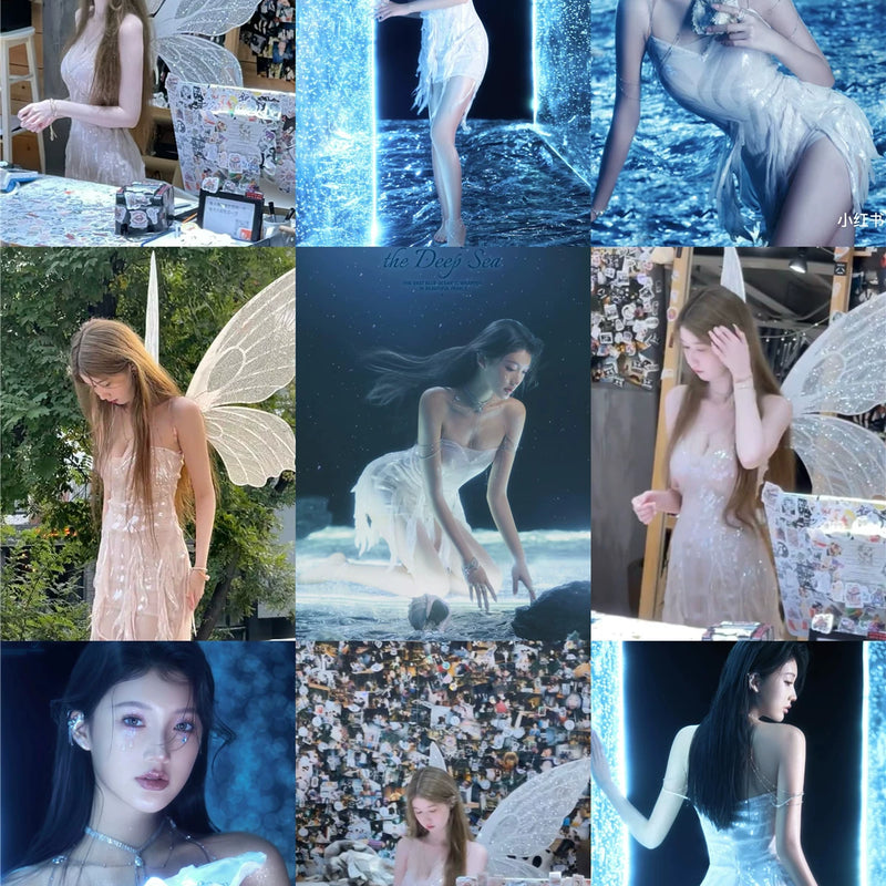 The skin is as cold as ice and the bones are as clear as a river |   Handmade custom sparkling irregular strapless gown with fairy wings