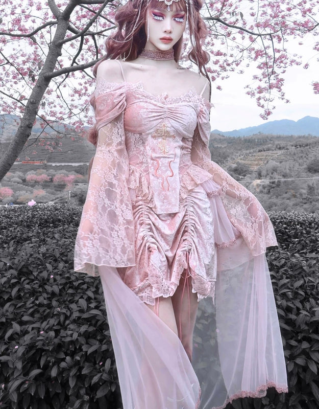 Original ◆ Sakura nightmare romantic gothic design embossed lotus root pink embroidered court half length skirt