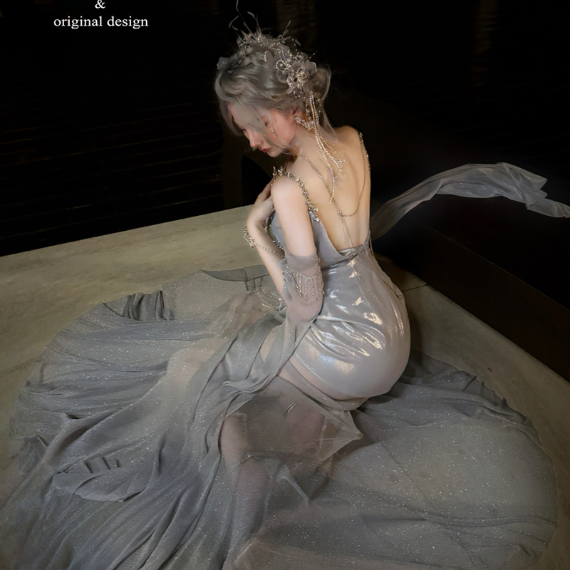 Silver slimming sexy dress full diamond split goddess maxi dress