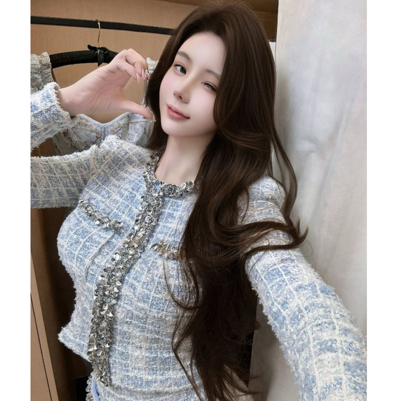 Shuidian Heavy Industry Round Neck Short Knitted Shirt, Two Piece Set for Wealthy Women, Autumn French Gentle Style
