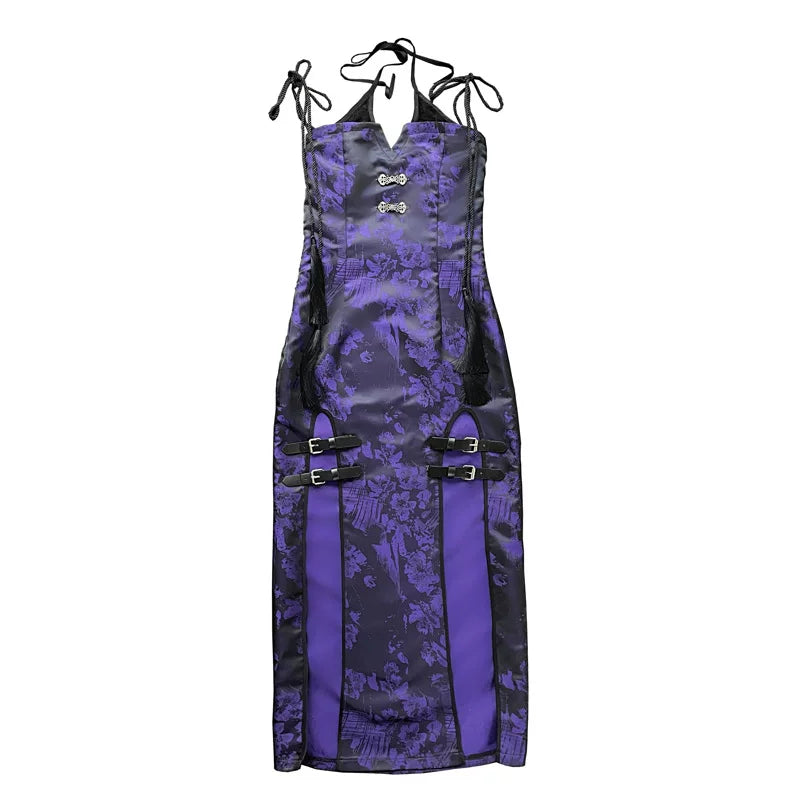 Original chinese style new chinese style slit tassel leather buckle hip skirt dress