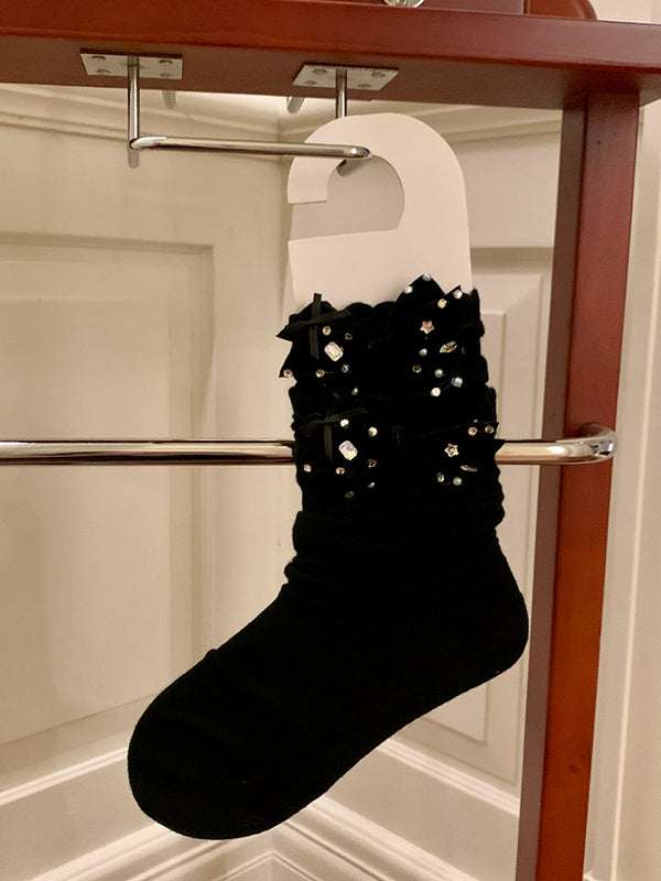 Fashion niche, design spring and summer thin bow jk socks milk white mesh rhinestone miu wind calf socks