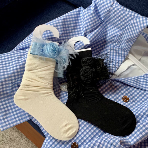 Fashion niche camellia ballet style bow sweet calf socks summer thin medium stockings