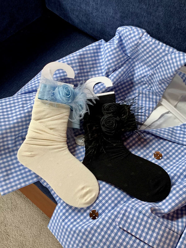 Fashion niche camellia ballet style bow sweet calf socks summer thin medium stockings