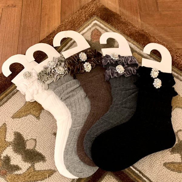 Fashion niche socks women's medium tube gray stacking socks women's autumn and winter pearl lace socks with Birkenstocks