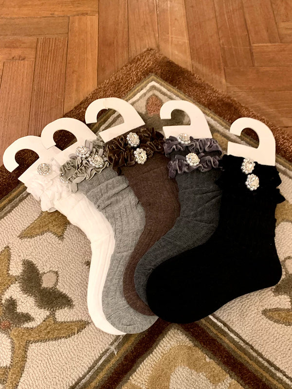 Fashion niche socks women's medium tube gray stacking socks women's autumn and winter pearl lace socks with Birkenstocks