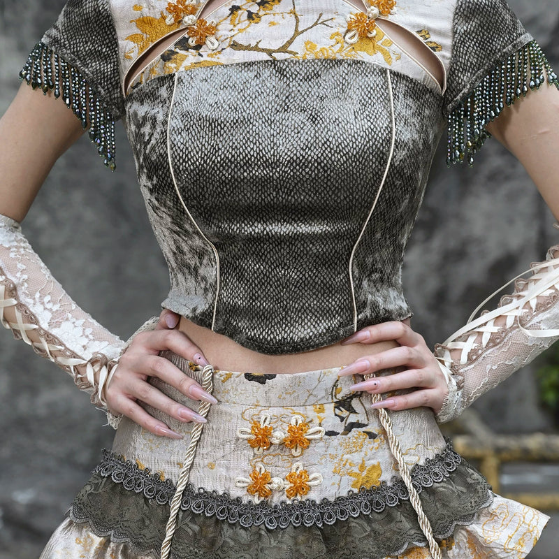 New chinoiserie jacquard snake print slimming tassel short sleeve cheongsam tops christmas halloween