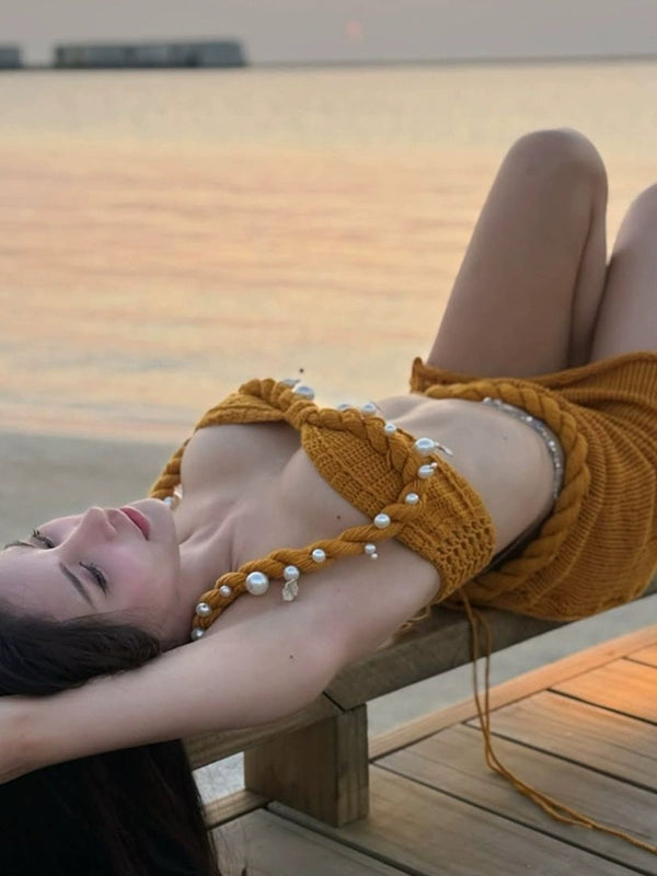Beach Pure Desire Heavy Industry Pearl Split Bikini Suit Conservative Skirt Knitted Neck Vacation Gathering Swimsuit