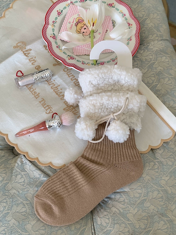 Fashion niche soft waxy lamb wool lace plush ball Lolita girl wool pile socks woman