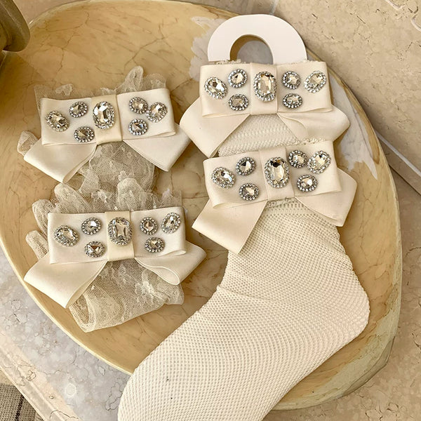 Fashion niche, girl court gorgeous texture glossy ribbon inlaid gemstone lace mesh tube socks