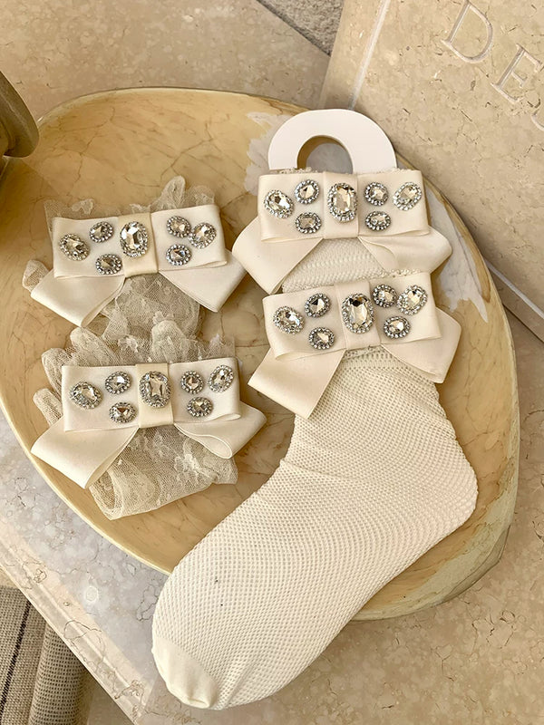 Fashion niche, girl court gorgeous texture glossy ribbon inlaid gemstone lace mesh tube socks