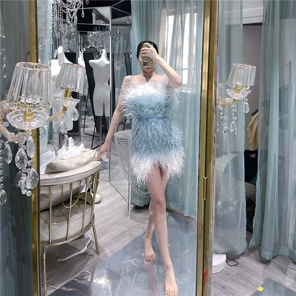 Thousand gold sense of design white swan birthday party heavy industry feather ostrich feather accessible luxury evening dress dress