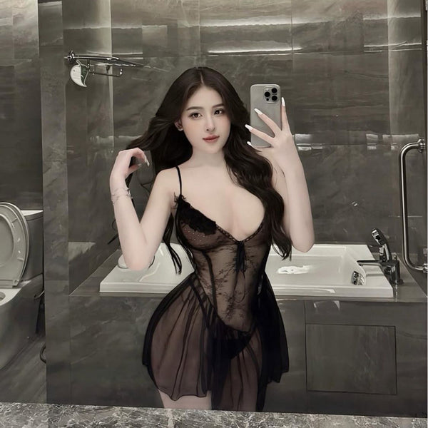Sexy lace see through mesh pajamas for women in summer, low cut, pure desire style, high-end feeling, suspender nightgown, home suit set