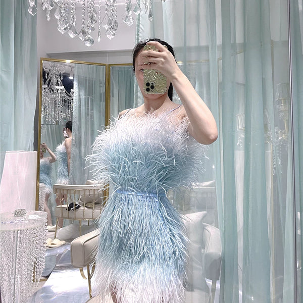 Thousand gold sense of design white swan birthday party heavy industry feather ostrich feather accessible luxury evening dress dress