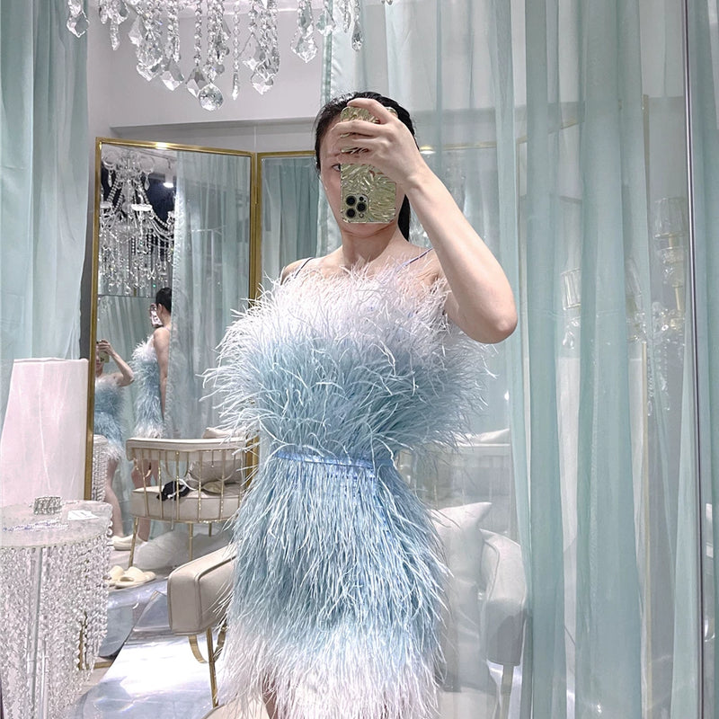 Thousand gold sense of design white swan birthday party heavy industry feather ostrich feather accessible luxury evening dress dress