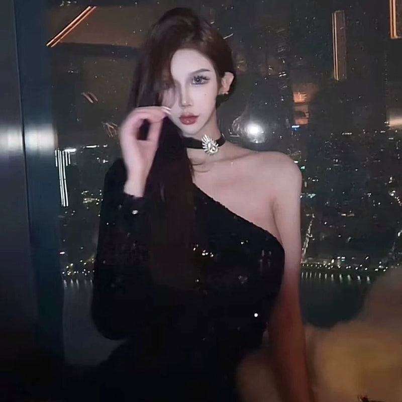 Elegant sexy one shoulder long sleeves sequin hot girl hip dress furry patchwork little black dress birthday party dress