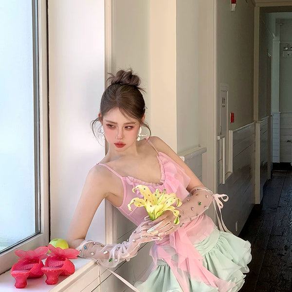 Fashion niche colored rhinestone handmade mesh socks + mesh strap inlaid with gemstones bridal gloves