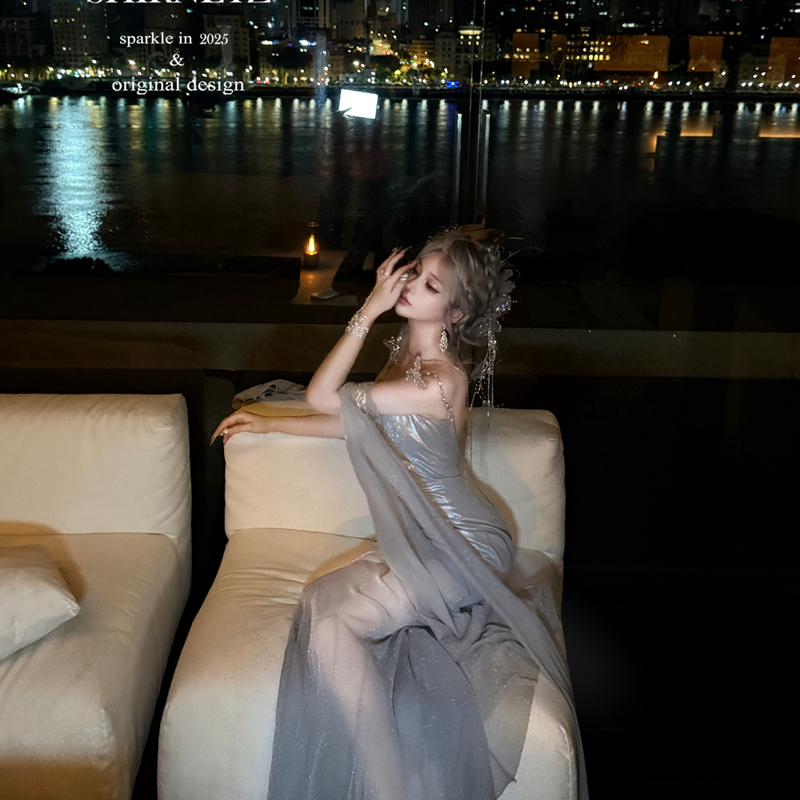 Silver slimming sexy dress full diamond split goddess maxi dress