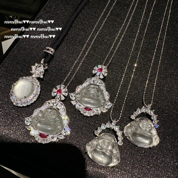 Litchi frozen white jade petal Buddha pendant necklace, new Chinese style ice transparent water foam jade Maitreya Buddha necklace