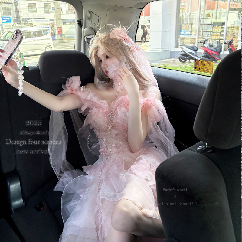 Pink off-the-shoulder bandeau dress - romantic french fairy princess dress