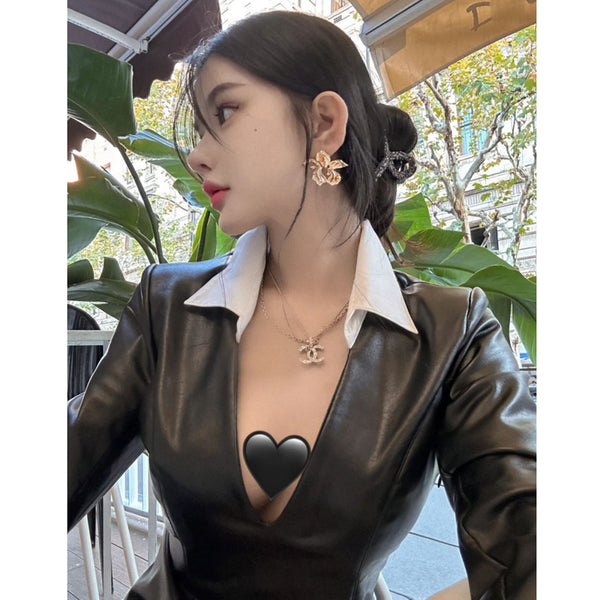 Autumn and winter sexy royal sister spice girl lapel shirt leather skirt fake two-piece dress women's autumn and winter black deep V bottoming skirt