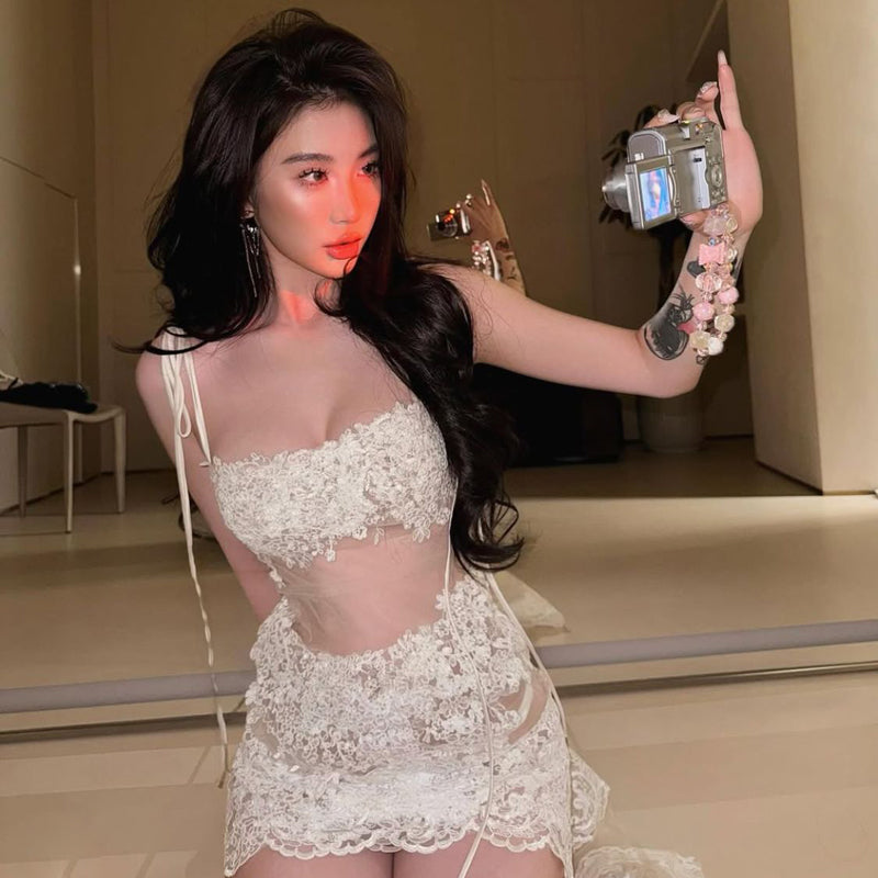 Pure desire, sexy, spicy girl lace patchwork suspender dress, summer niche high-end fish tail irregular hip hugging long skirt